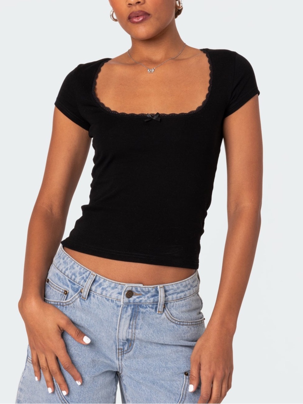 Edikted Black Lace-Trim Short Sleeve Camisole